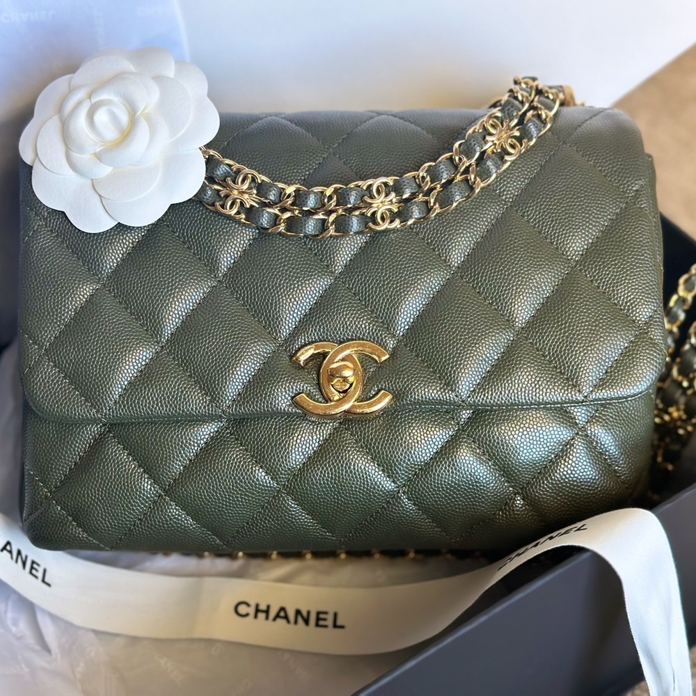 RARE SOLD OUT 🔥 Chanel Coco First Caviar Quilted Khaki Flap Bag